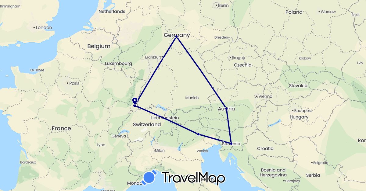 TravelMap itinerary: driving in Austria, Germany, France, Italy, Slovenia (Europe)
